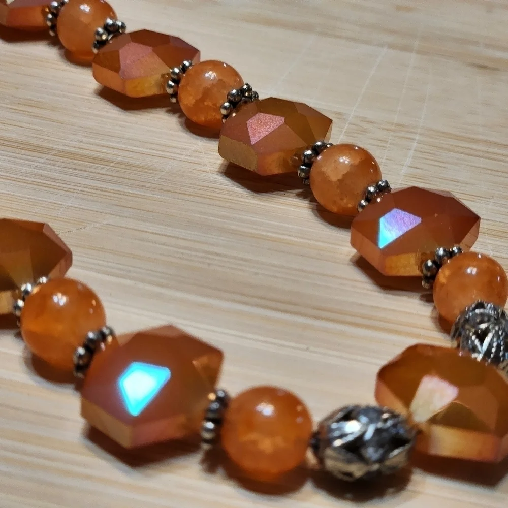 Hand Crafted Necklace and Pierced Orange Beaded Earrings Silver Accents